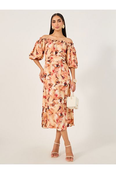 Styli All-Over Print Off Shoulder Neck A-Line Midi Dress