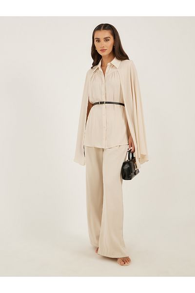 Styli Plain Belted Cape Sleeves Blouse