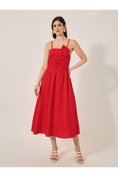 Styli Bow Front Strappy A-Line Midi Dress