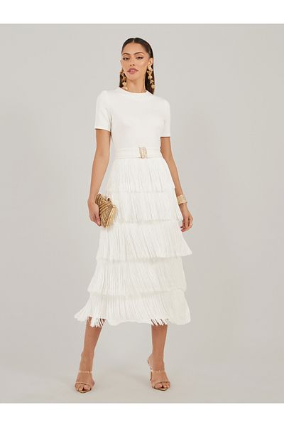Styli Fringe Hem Detail Short Sleeves Sheath Midi Dress