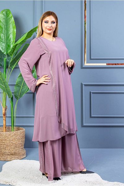 Moda Rosa 25Y5060 - بودرة - بدلة سهرة شيفون حجرية مقاس كبير مع بنطلون