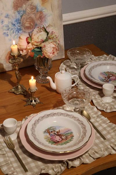 vintagetasarım American Service Checkered Frilly Vintage Beige 2 Piece Duck Linen
