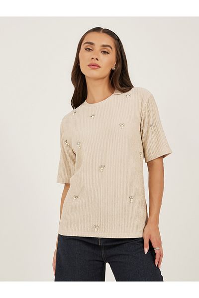 Styli Textured Embellished Round Neck Top