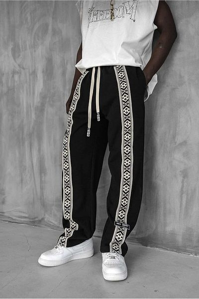 ablukaonline Men's Striped Ethnic Patterned Comfortable Baggy Fit Tracksuit Black
