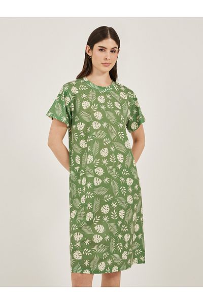 Styli Leaf Printed Dropped Shoulder Sleep T-Shirt