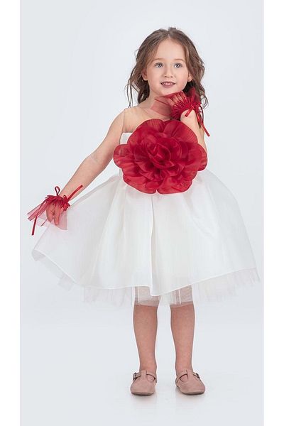 Mnk Baby&Kids Βραδινό φόρεμα για κορίτσια με λευκό λουλούδι με μοτίβο - με καρπούς και αξεσουάρ M00724