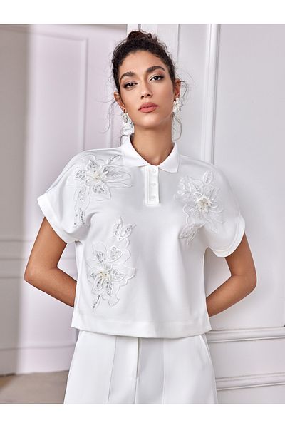 Luxewave By Styli Floral Embroidered Polo Collar Short Sleeve Top