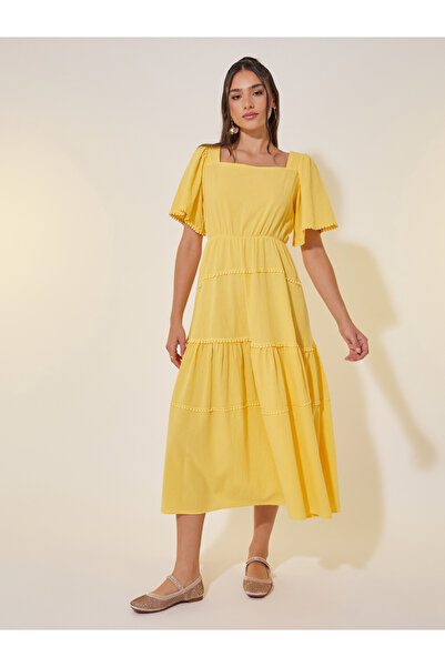 Take Two By Styli Solid Square Collar Tiered Midi Dress