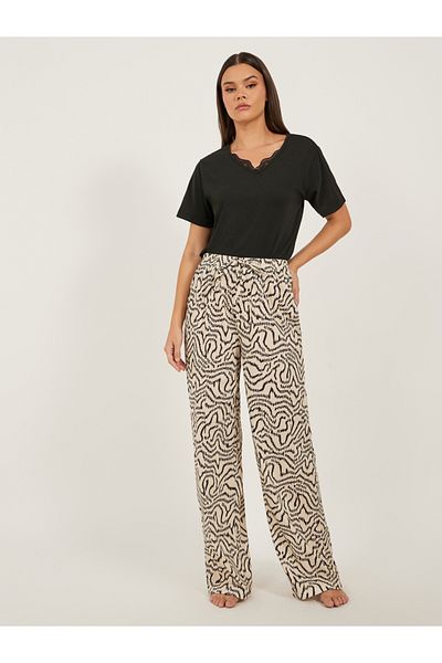 Styli Lace Trim Notch Neck T-Shirt and Printed Pyjama Pants Set