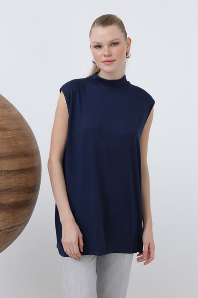Puane Bluză de damă, culoare bleumarin, cu mâneci zero, jumătate de gât, din bumbac organic moale, lenjerie de corp 40006
