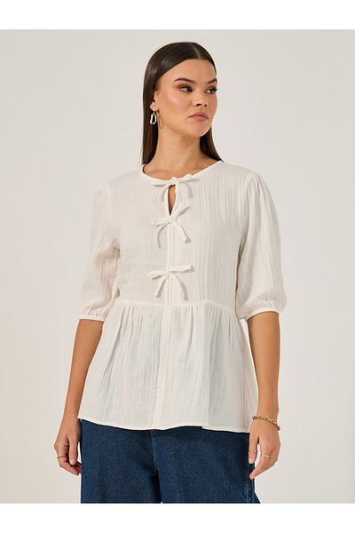 Styli Solid Tie-Front Neck Blouse
