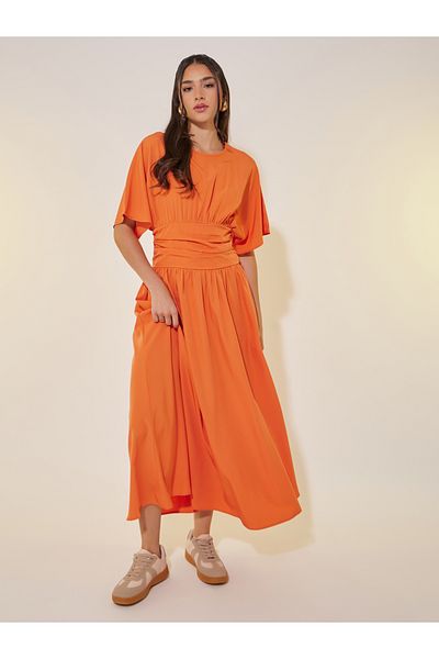 Take Two By Styli Solid Gathered Waist A-Line Midi Dress