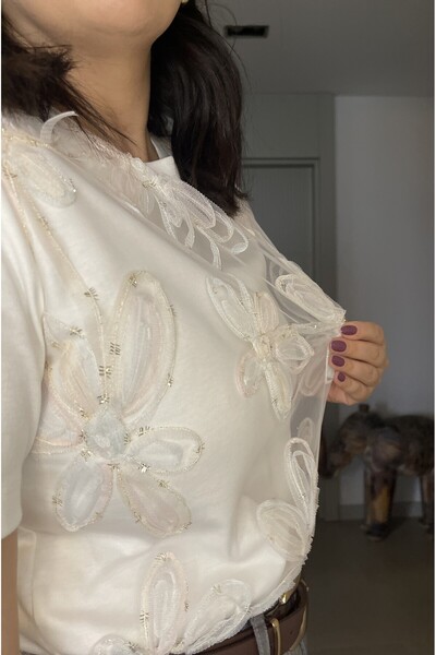 Butik Floral Motif Tulle Coated Tok Fabric Cotton White Tshirt
