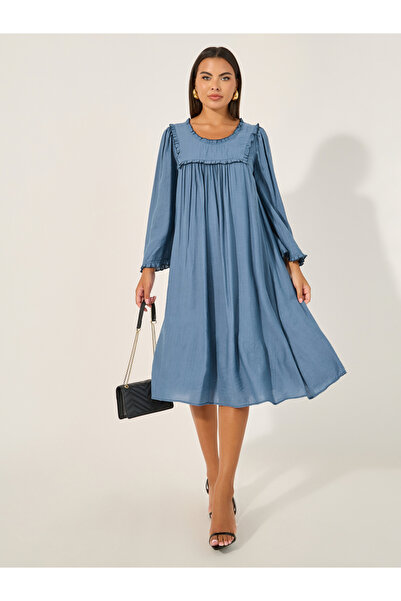 Styli فستان متوسط الطول بأكمام طويلة وحواف مكشكشة