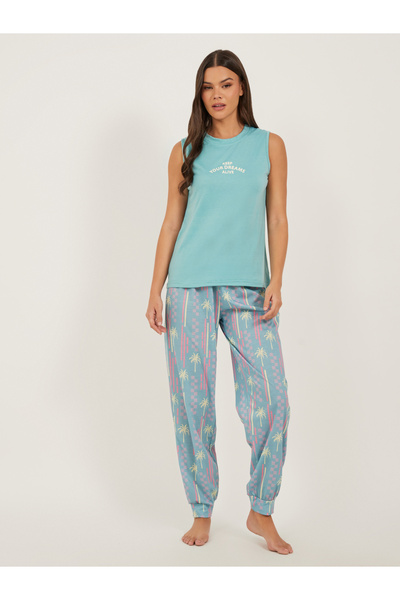 Styli طقم بيجاما بدون أكمام بطبعة شعار وطبعة نخيل