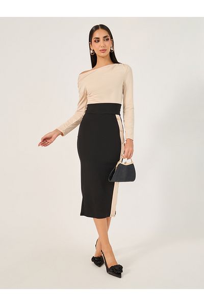 Take Two By Styli Color Block Long Sleeve Bodycon Midi Dress