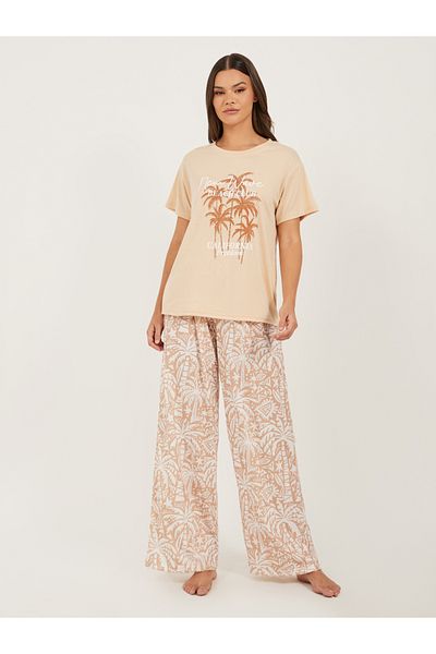 Styli Palm Printed Dropped Shoulder T-Shirt and Pyjama Pants Set