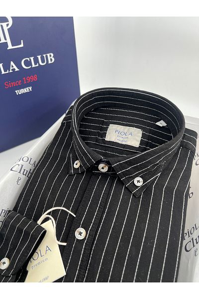 Piola Club Мъжка риза с нормална кройка, измита яка, закопчаване с копчета, мека текстура, без джоб (черна на райета)