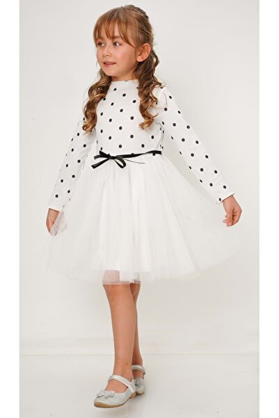 Mnk Baby&Kids Kız Puantiyeli Tütülü Günlük Elbise MNK0416 BEYAZ