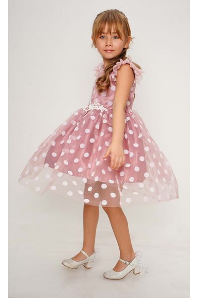 Mnk Baby&Kids Dried Rose Flocked Polka Dot Girl's Dress - Mnk0488