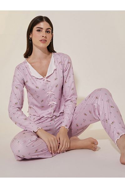 Styli Floral Print Ribbed Lettuce Edge Hem Top and Pyjama Set