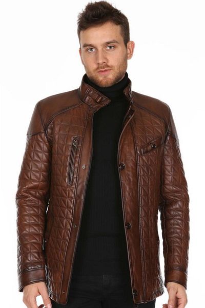 DeriWork Genuine Lambskin Embroidered Zippered Leather Jacket Brown