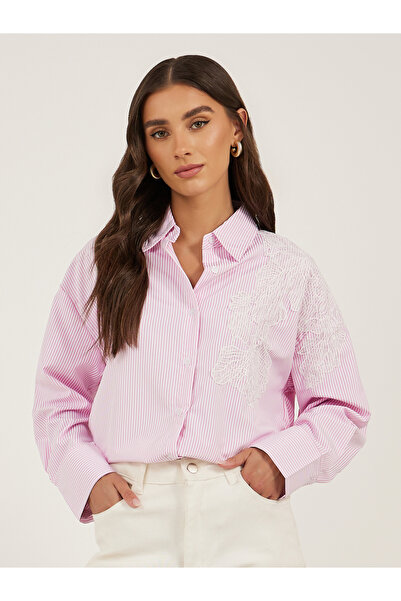 Styli قميص مخطط بأكمام طويلة ومقاس كبير مع تفاصيل من الدانتيل