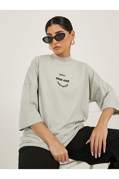 Styli Slogan Printed High Neck Oversized T-Shirt
