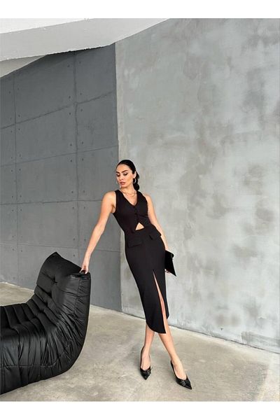 Simala Front Slip Atlas Dress with Vest Look - Black