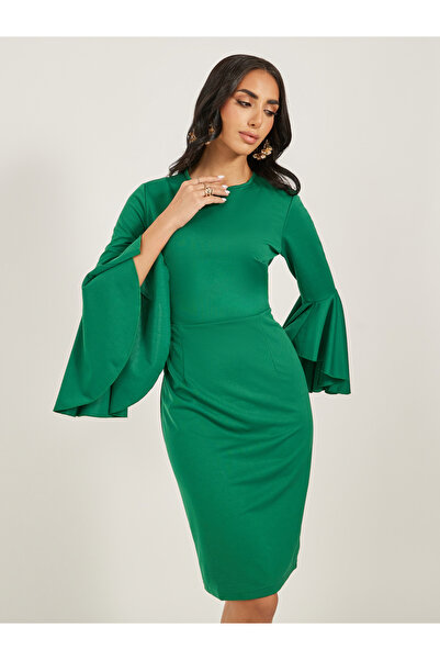 Take Two By Styli Solid Ruffled Cuff Sleeves Sheath Knee-Length Dress