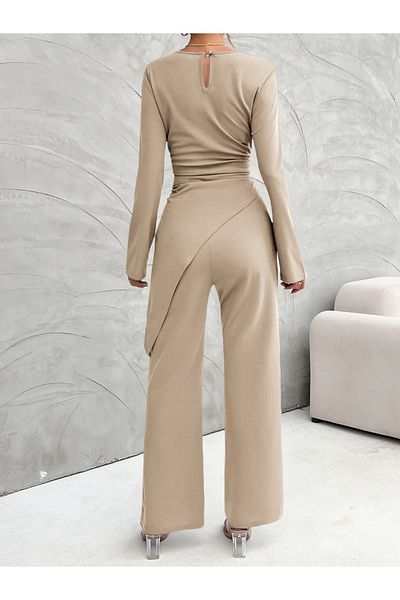 Diva By Styli Solid Asymmetric Hem Long Sleeve Top and Straight Leg Pants Set