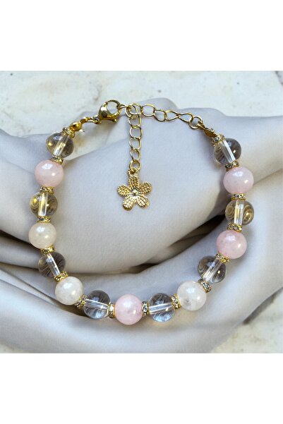 Sunshe Atelier Kristal Kuvars-pembe Kuvars Doğal Taş Bileklik (AŞK-SEVGİ-HUZUR) (ÇELİK PAPAĞAN VE UZATMA ZİNCİRLİ )