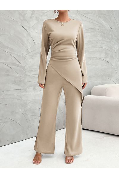 Diva By Styli Solid Asymmetric Hem Long Sleeve Top and Straight Leg Pants Set