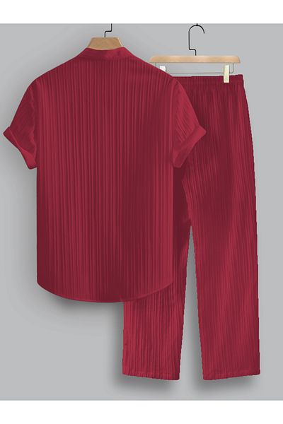 Take Two By Styli Striped Stand Collar Short Sleeve Shirt and Trousers Co-Ords
