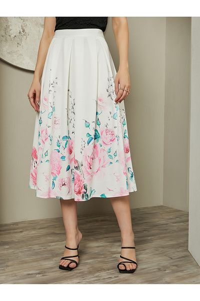 Styli Placement Printed Pleated A-Line Midi Skirt