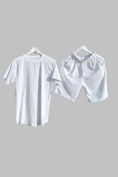 Ferhatlı Bürümcük Crinkle Fabric Summer Lycra Unisex Women's Men's Shorts T-Shirt Set