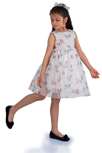 Mnk Baby&Kids Dantel Papatya Baskılı Kız Çocuk Elbise MNK0514 MOR
