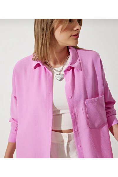 Style Oversize Keten Gömlek Pembe