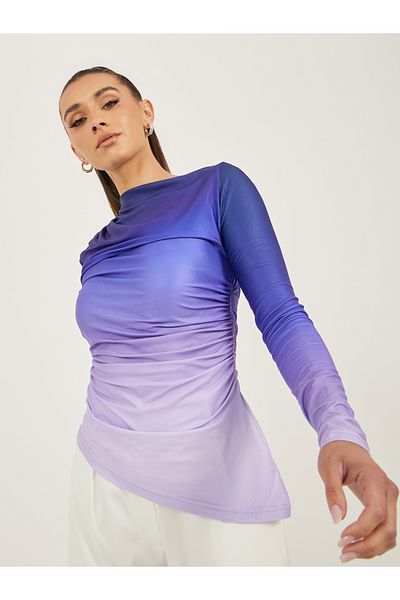 Causey By Styli Ombre Print Ruched Detail Asymmetric Hem T-Shirt