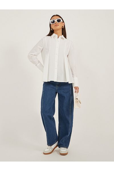 Styli Solid Long Sleeve Pleated Poplin Shirt