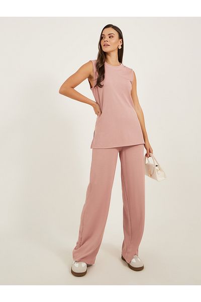 Styli Sleeveless Rib Knit Top and Wide Leg Joggers Co-Ords