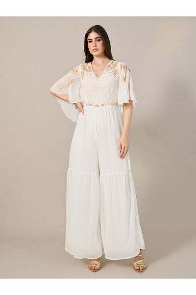Styli Embroidered V-Neck Angel Sleeve Wide Leg Jumpsuit