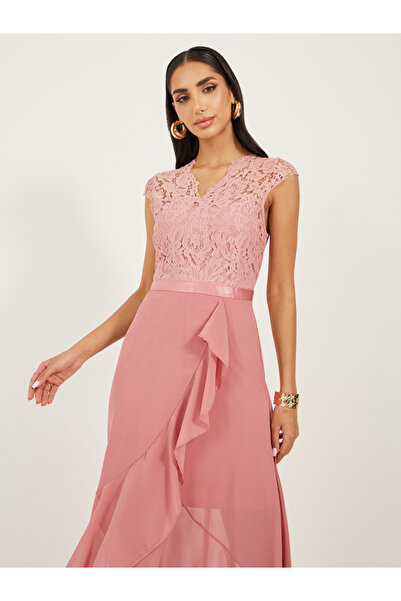 Take Two By Styli Lace Ruffled Asymmetric Hem A-Line Midi Dress