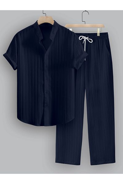 Styli Striped Stand Collar Short Sleeve Shirt and Trousers Co-Ords