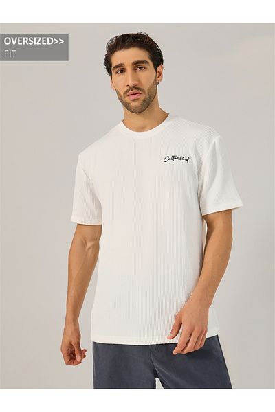 Styli Chevron Textured Oversized T-Shirt with Minimal Embroidery
