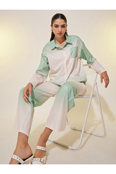 Take Two By Styli Long Sleeve Collared Ombre Shirt and Trousers Set