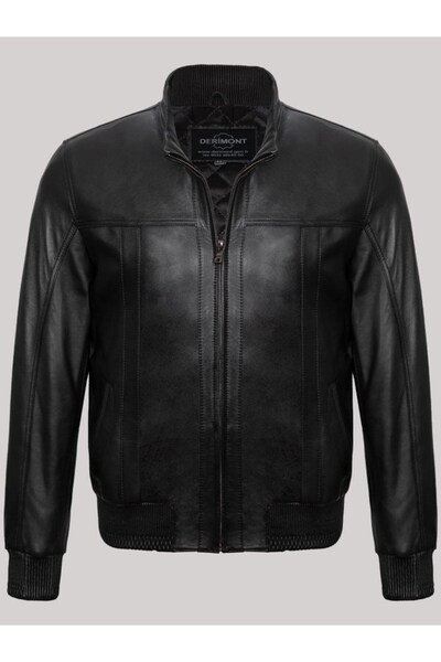 DeriWork Hakiki Kuzu Derisi Fermuarlı Kol Bel Lastikli Deri Ceket Siyah