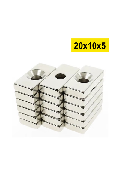 Dünya Magnet 10 Adet, Neodyum Mıknatıs, 20x10x4x5 Mm, Köşeli, Havşa Delikli, ...