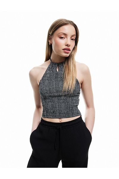 Koton Striped Wrap Tie Collar Window Detailed Sleeveless Crop Top