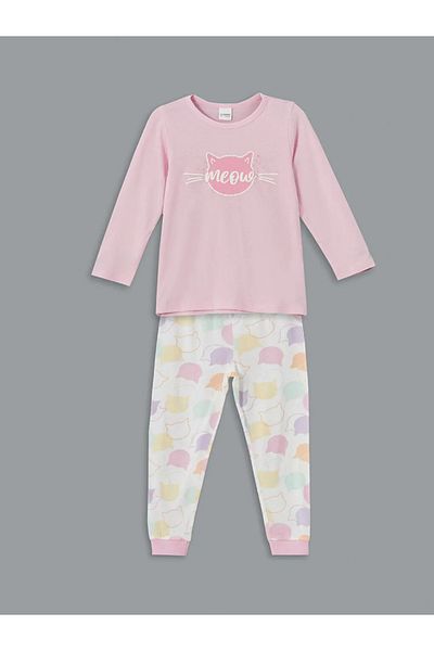 LC Waikiki Set de pijamale pentru fete cu imprimeu roz cu gât